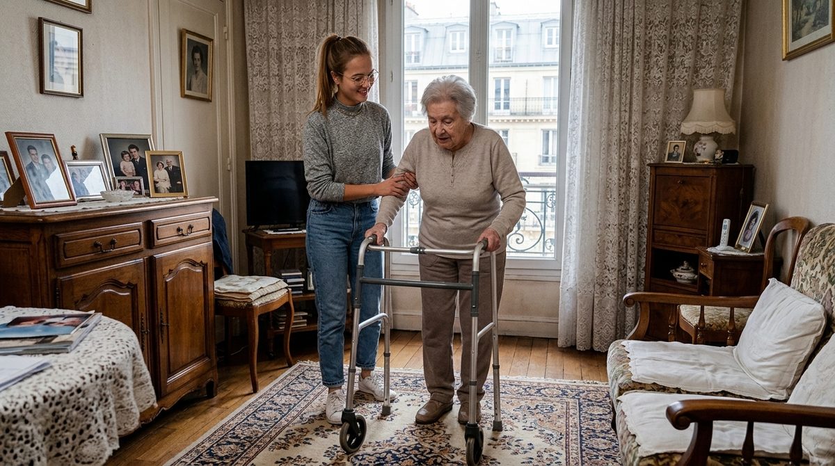 Une personne accompagne une patiente âgée dans ses déplacements à l'aide d'un déambulateur, à domicile