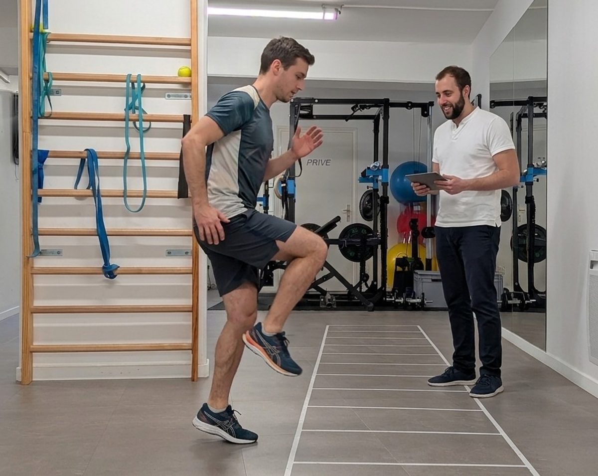 Un kinésithérapeute du sport supervise un exercice d'agilité au sol dans le plateau technique du cabinet