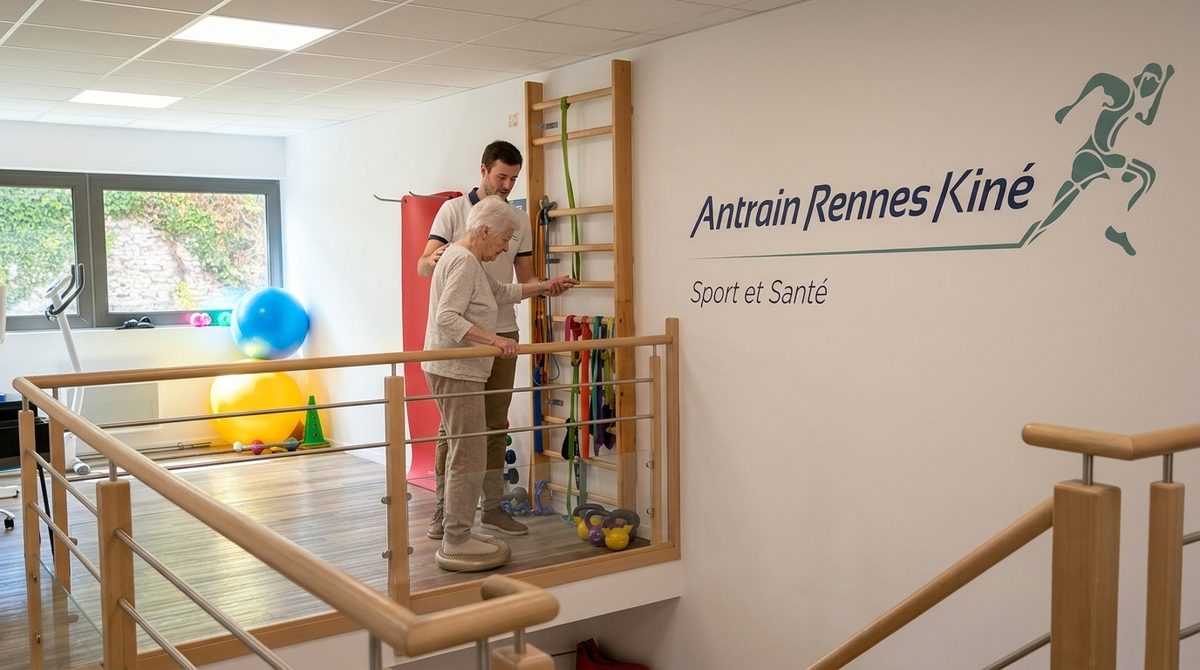 Un kinésithérapeute accompagne une patiente âgée dans un exercice d'équilibre au cabinet