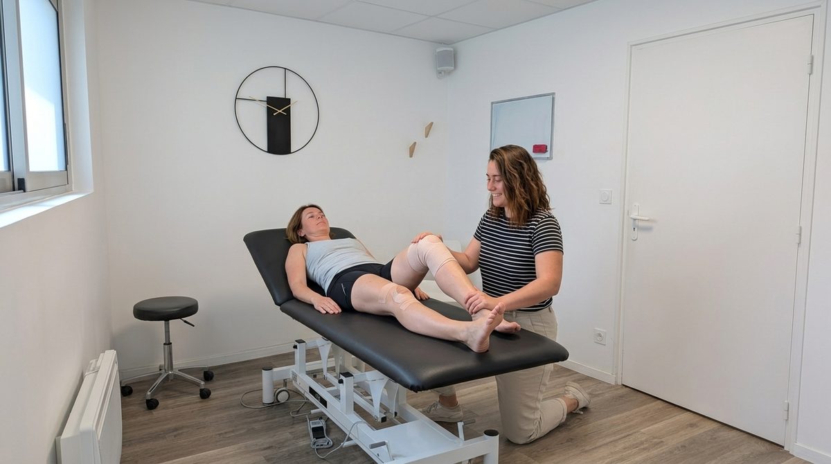 Un kinésithérapeute mobilise le genou d'une patiente sur table de soin