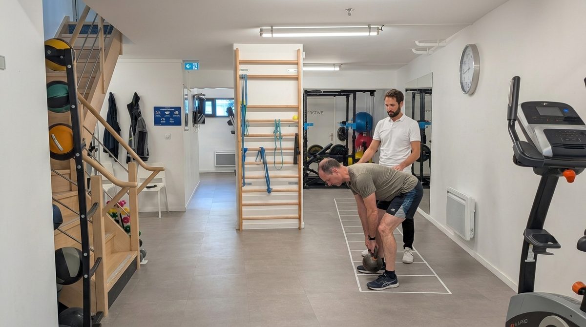 Un kinésithérapeute accompagne un patient dans un exercice de renforcement du dos avec kettlebell